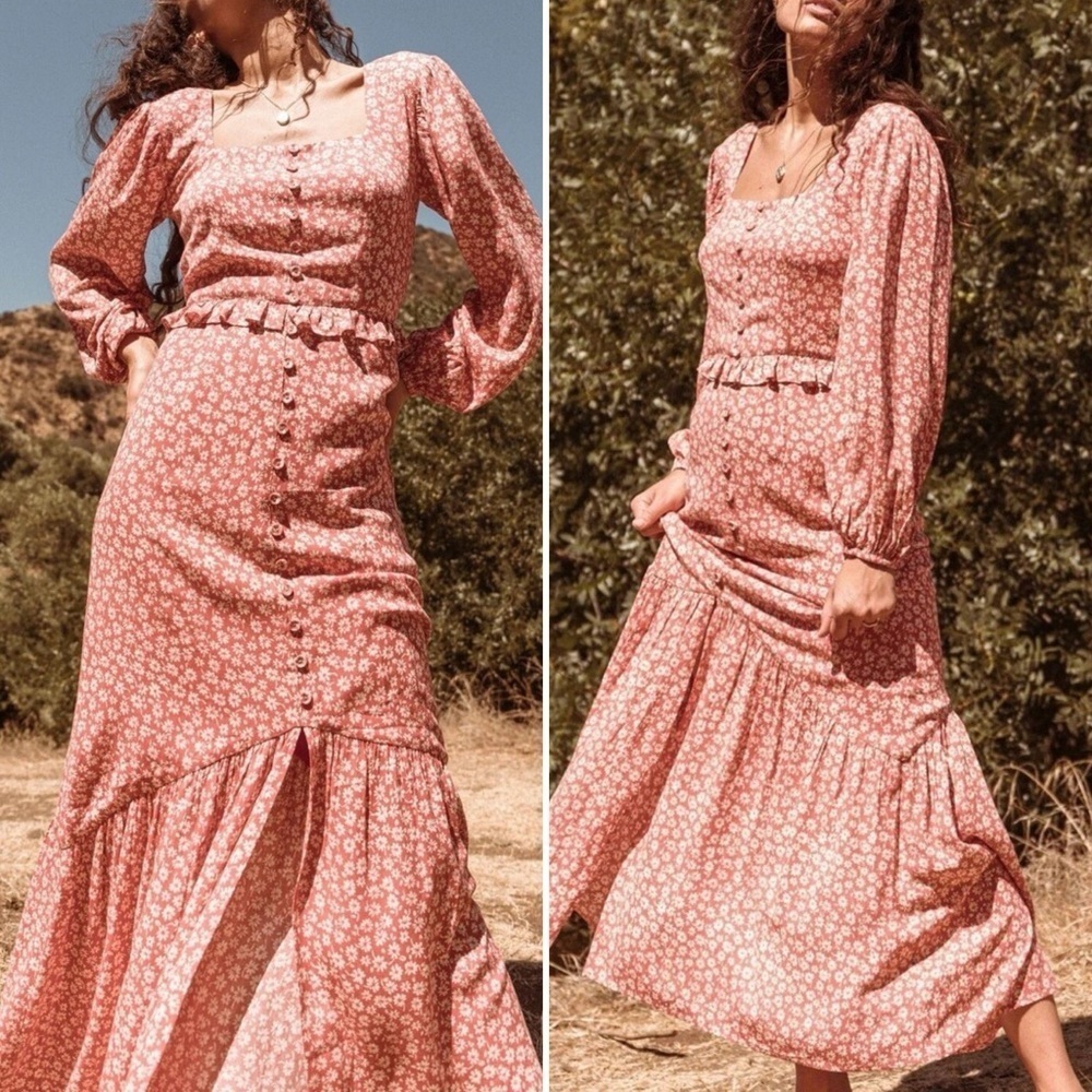 Lost + Wander Madison Maxi Dress Red Floral Long Sleeve M Cottagecore